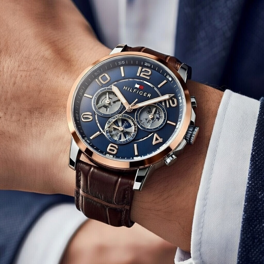 Tommy Hilfiger Keagan 1791290 Rose Gold Case Blue Dial Brown Leather Men's Watch