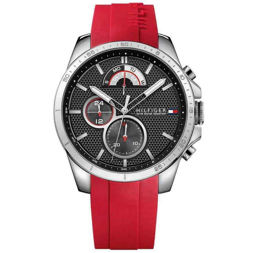 Tommy Hilfiger Decker 1791351 Silver Case Black Dial Red Silicone Men's Watch
