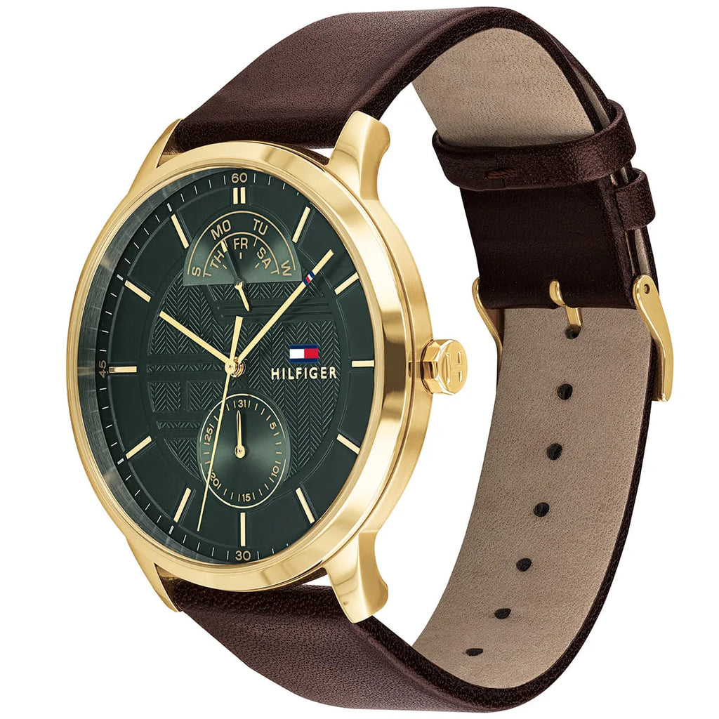 Tommy Hilfiger Hunter 1791607 Gold Case Green Textured Dial Brown Leather Men's Watch