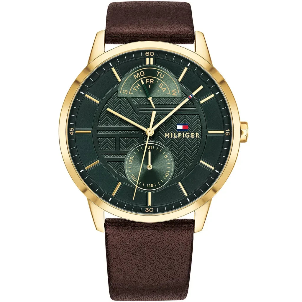 Tommy Hilfiger Hunter 1791607 Gold Case Green Textured Dial Brown Leather Men's Watch