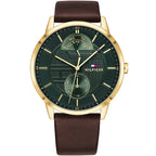 Tommy Hilfiger Hunter 1791607 Gold Case Green Textured Dial Brown Leather Men's Watch