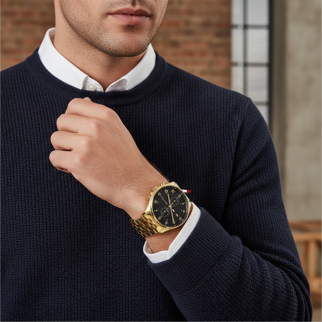 Tommy Hilfiger West 1791708 Gold Case Black Dial Gold Stainless Steel Men's Watch