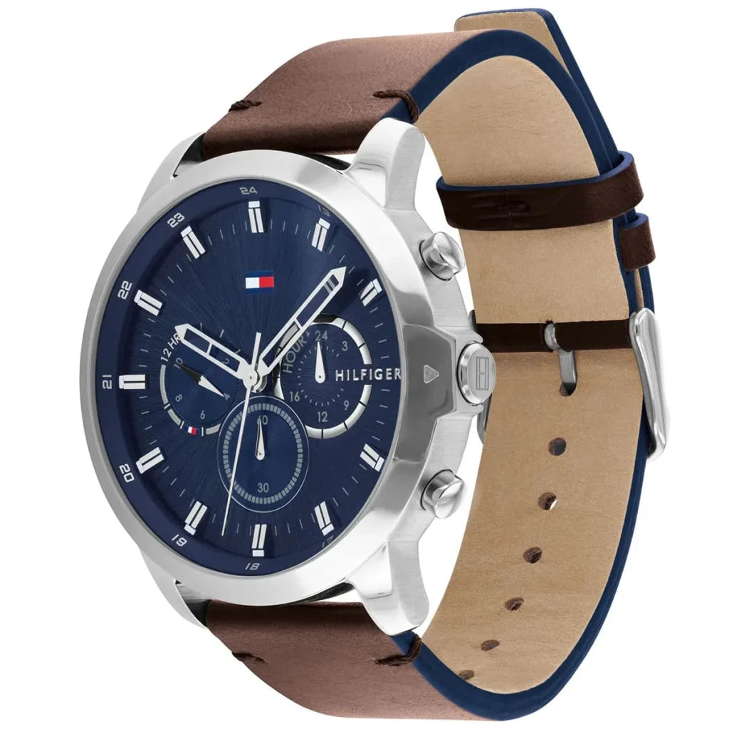 Tommy Hilfiger Jameson 1791797 Silver Case Blue Dial Brown Leather Men's Watch