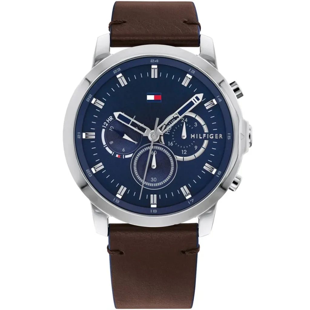 Tommy Hilfiger Jameson 1791797 Silver Case Blue Dial Brown Leather Men's Watch