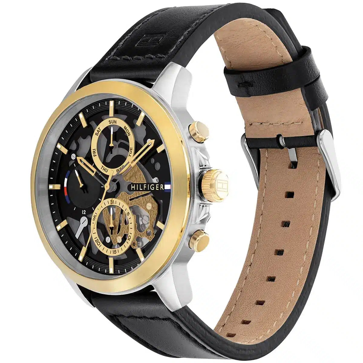 Tommy Hilfiger Henry 1710474 Silver & Gold-Tone Skeleton Black Leather Men's Watch