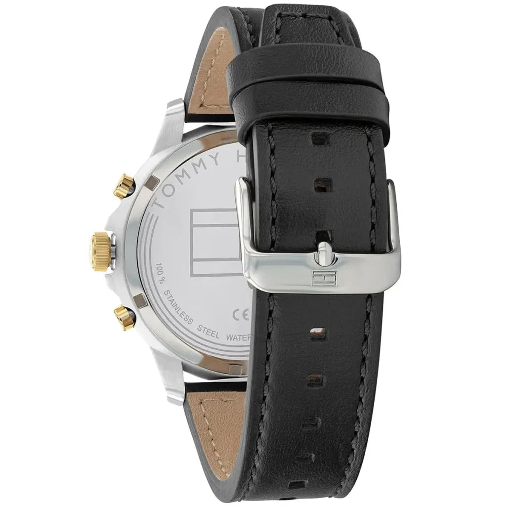 Tommy Hilfiger Henry 1710474 Silver & Gold-Tone Skeleton Black Leather Men's Watch