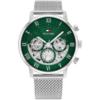 Original Tommy Hilfiger Legend Men's Watch - Silver Mesh Steel & Green Skeleton Dial (1710567)