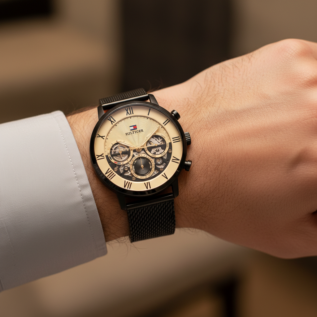 Original Tommy Hilfiger Legend Men's Watch - Black Mesh Steel & Beige Skeleton Dial (1710568)