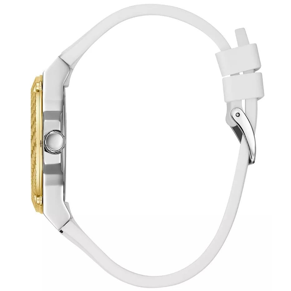Guess Zena Multi-Function W1094L1 Silver Case Gold Bezel White Rubber Women's Watch