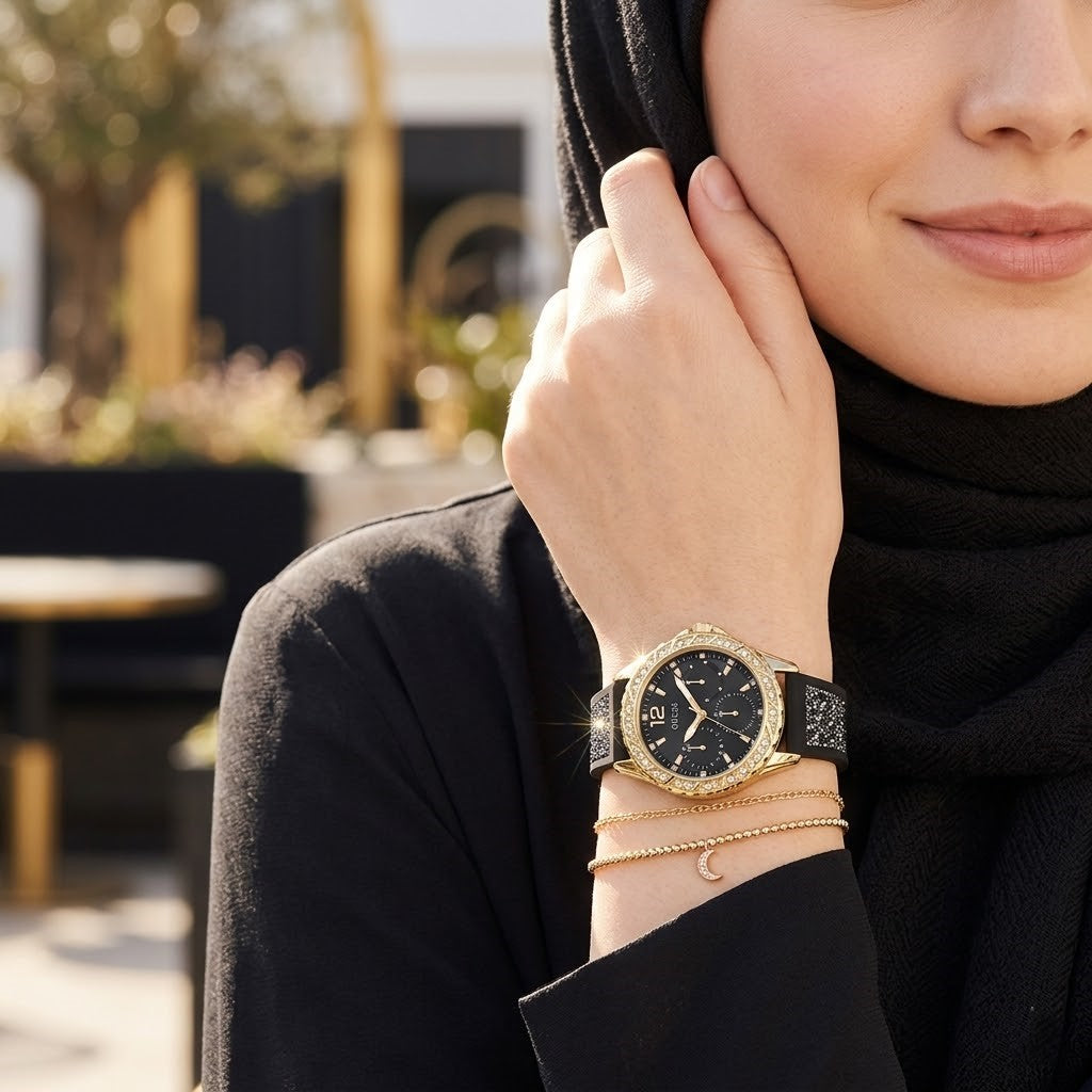 Guess Swirl Multi-Function W1096L3 Gold Case Crystal Bezel Black Dial Black Crystal Rubber Women's Watch