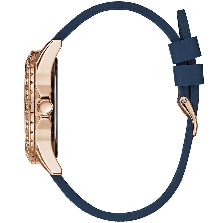 Guess Swirl Multi-Function W1096L4 Rose Gold Case Crystal Bezel White Dial Blue Crystal Rubber Women's Watch