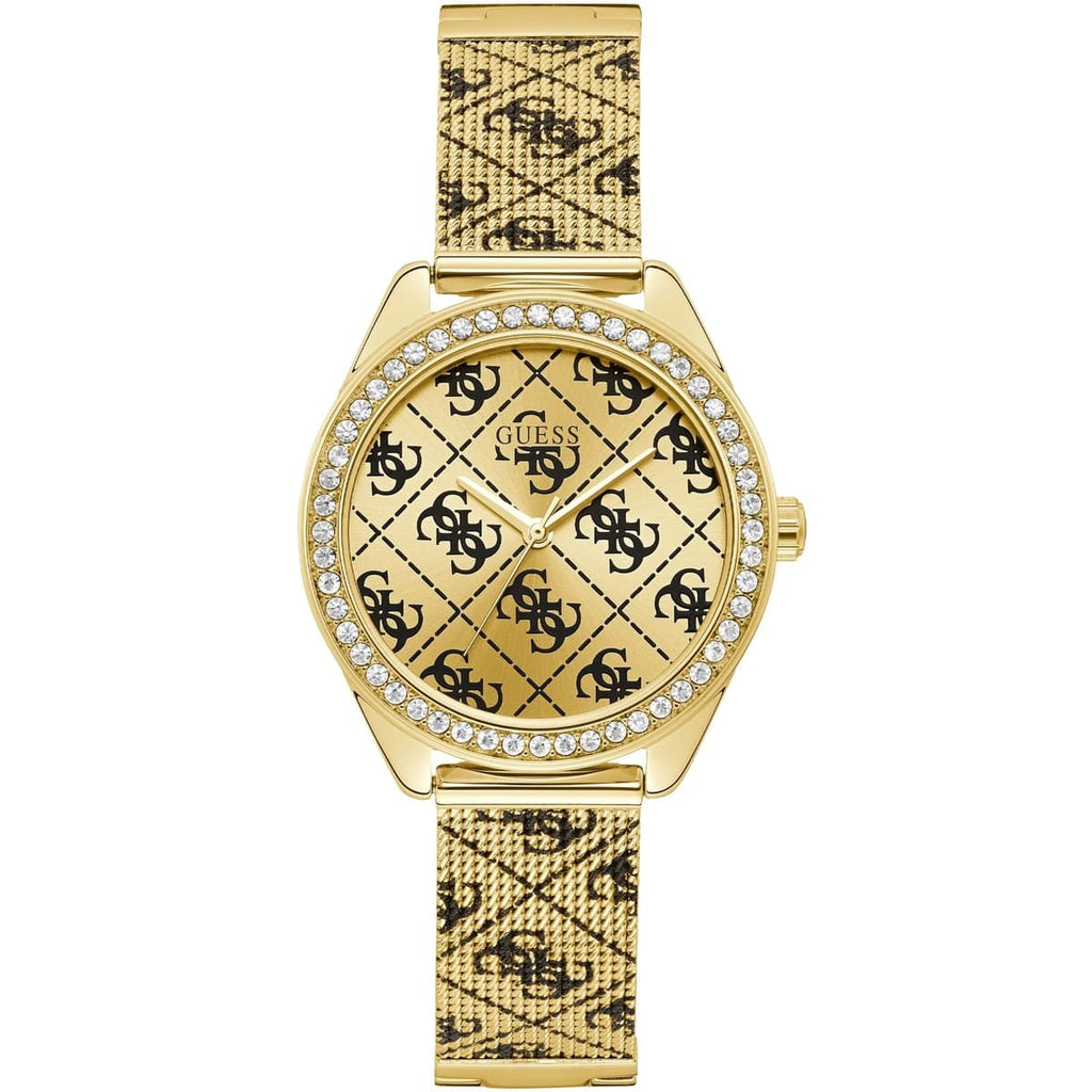 Guess Claudia W1279L2 Gold Case Crystal Bezel 4G Logo Gold Mesh Women's Watch