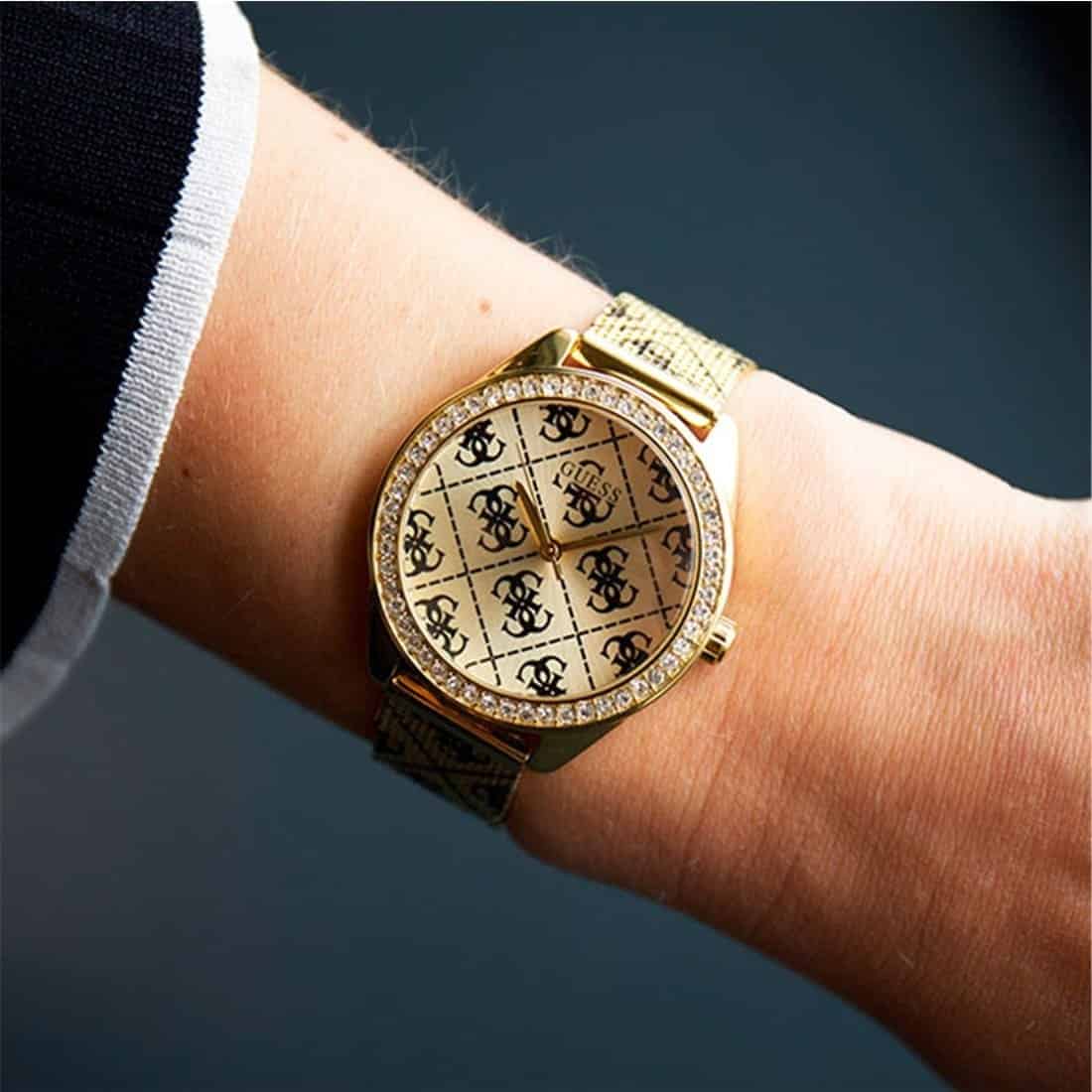 Guess Claudia W1279L2 Gold Case Crystal Bezel 4G Logo Gold Mesh Women's Watch