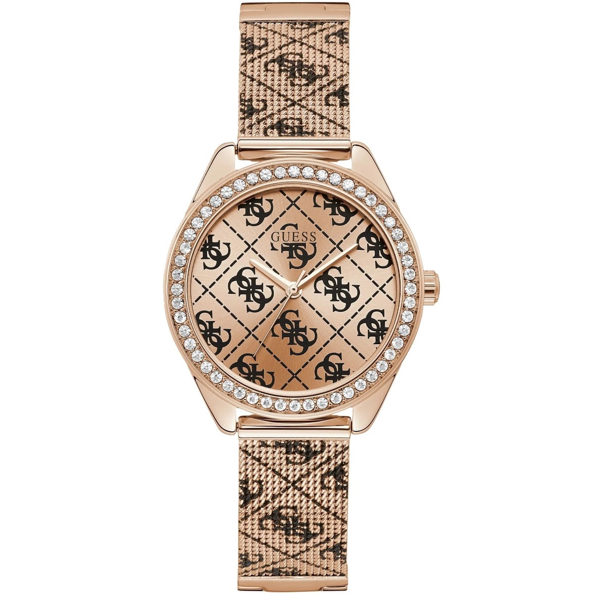 Guess Claudia W1279L3 Rose Gold Case Crystal Bezel 4G Logo Rose Gold Mesh Women's Watch